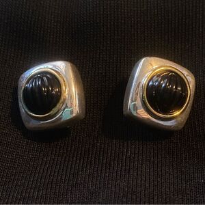 Vintage Mixed Media Sliver Gold Textured Black Stone Clip on Earrings.